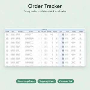 May include: An Order Tracker digital spreadsheet template with the text 'Order Tracker' and 'Every order updates stock and sales'. Below are three buttons labeled 'Status dropdowns', 'Shipping & fees', and 'Customer link'.