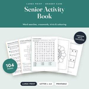 Senior Activities Printable, Large Print Word Search and Crossword, Dementia Activity Book, 104 Pages imagen 1