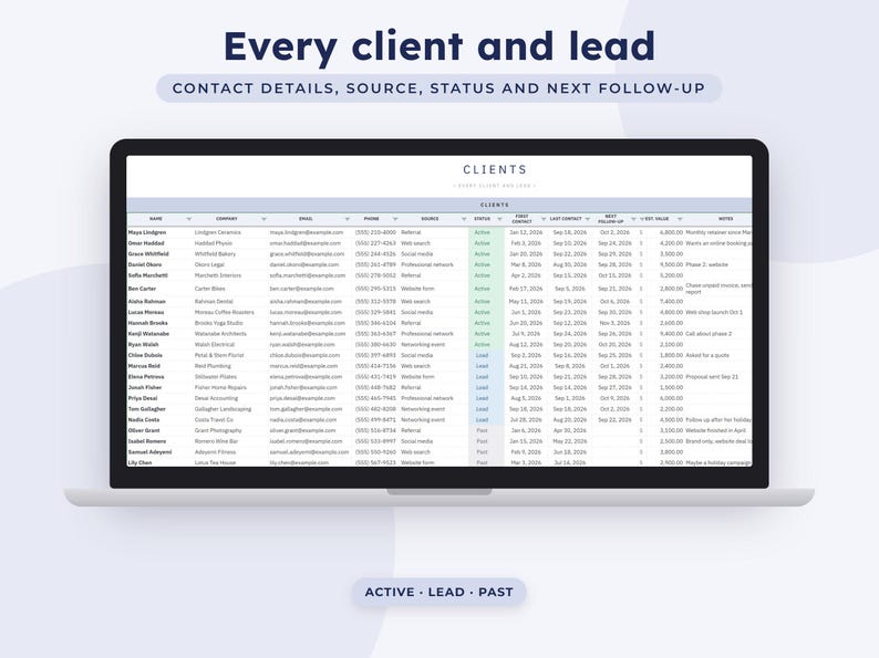 May include: A laptop screen displaying a digital client management spreadsheet titled CLIENTS. The table includes columns for name, company, email, phone, source, status, first contact, last contact, next follow-up, job value, and notes for various entries.