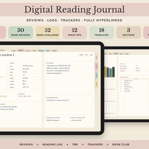Digital Reading Journal, Hyperlinked Book Tracker with Review Pages, TBR List and Yearly Challenge image 1