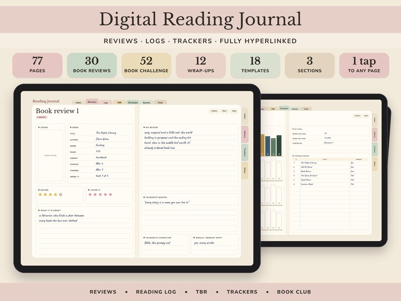 Digital Reading Journal, Hyperlinked Book Tracker with Review Pages, TBR List and Yearly Challenge image 1