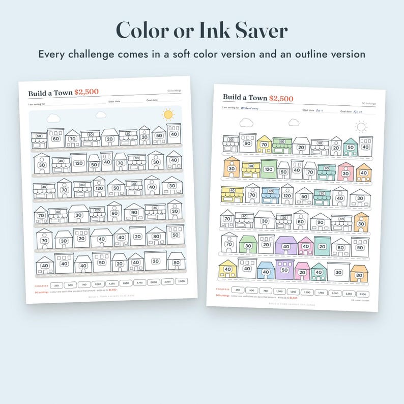 Savings Challenge Printable, Build a Town Color In Tracker, 500 to 10000, Letter A4 image 5