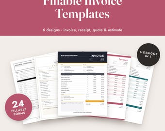 Fillable Invoice PDF Template, Receipt, Quote and Estimate, 6 Designs, 24 Forms, Letter A4
