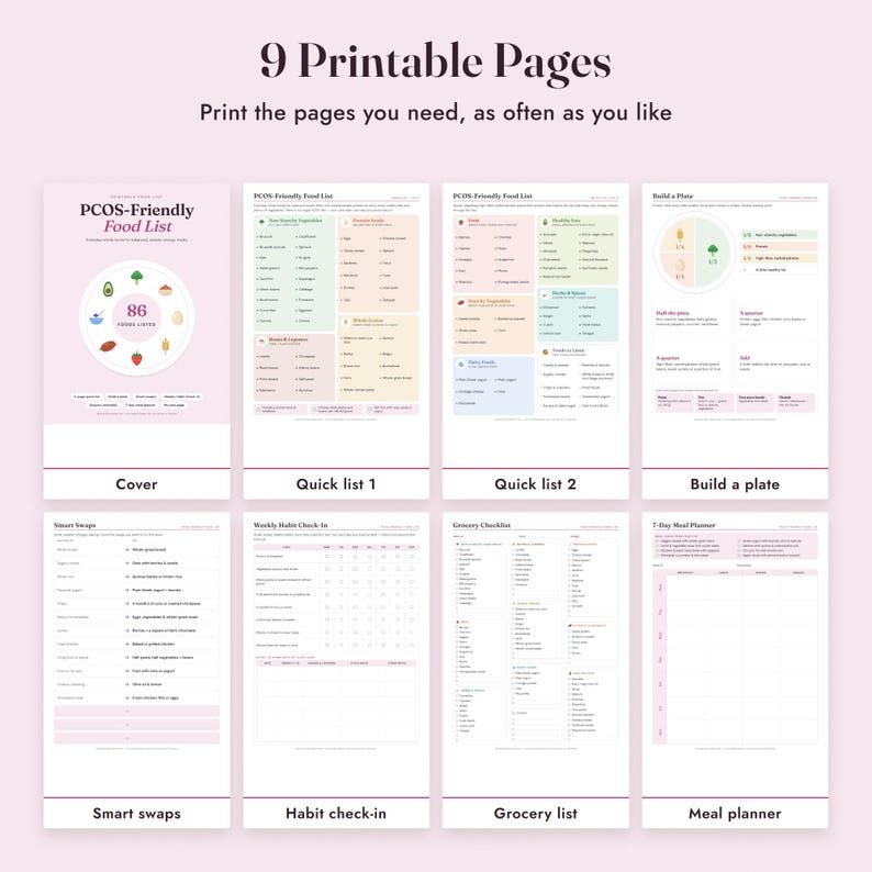 PCOS Food List Printable, PCOS Diet Grocery List, Meal Planner, Habit Tracker, Letter A4 Bild 3