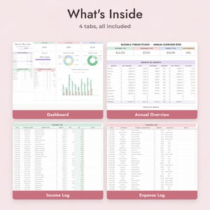 Może przedstawiać: Cyfrowy szablon arkusza kalkulacyjnego do księgowości zatytułowany What's Inside 4 tabs, all included. Zawiera cztery sekcje: Dashboard, Annual Overview 2026, Income Log oraz Expense Log, z tabelami, wykresami i danymi finansowymi w pastelowych barwach.