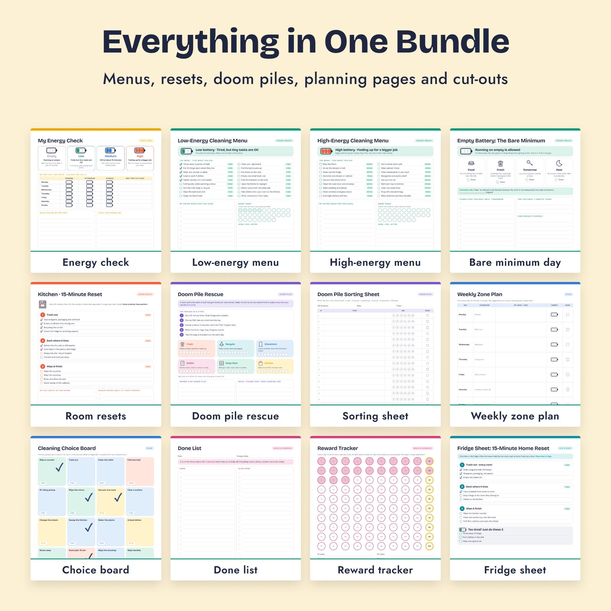 ADHD Cleaning Planner Bundle, Energy Cleaning Menus, 15 Minute Room Resets, Doom Pile Rescue image 3