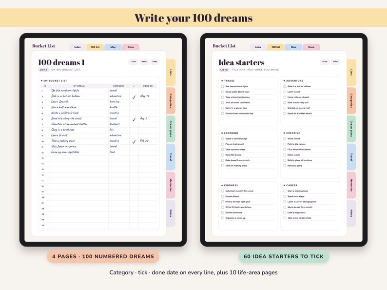 Bucket List Journal Printable, 100 Dreams, Travel Map, Goal Planner, Adventure Log, Digital Undated image 2