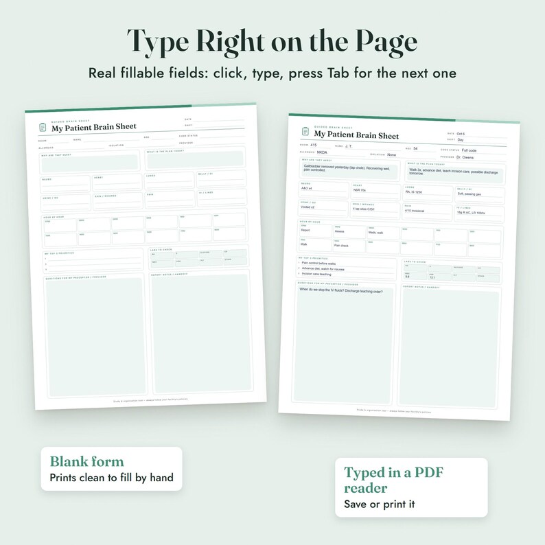 Puede incluir: Dos formularios digitales My Patient Brain Sheet con campos rellenables. La izquierda muestra una plantilla en blanco, mientras que la derecha muestra una versi&oacute;n completada con texto. El texto incluye Type Right on the Page, Blank form y Typed in a PDF reader.