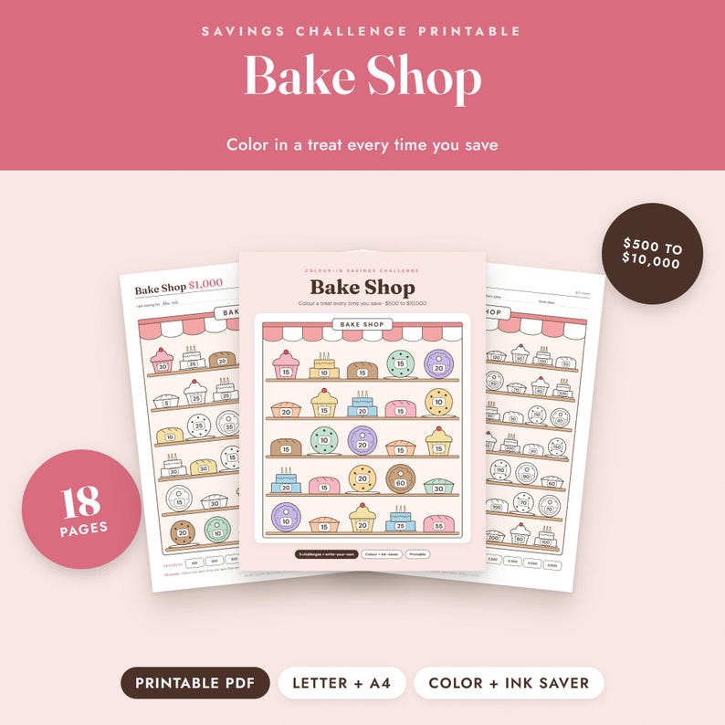 Savings Challenge Printable, Bake Shop Color In Tracker, 500 to 10000, Letter A4 image 1