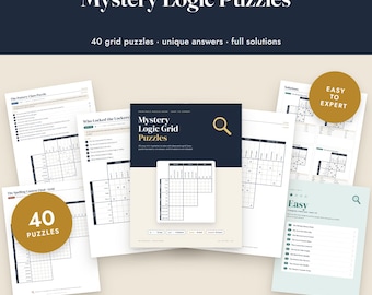 Puede incluir: Un libro de acertijos imprimible titulado Mystery Logic Puzzles que contiene 40 acertijos de cuadrícula con soluciones. La colección incluye páginas con cuadrículas lógicas, pistas y niveles de dificultad de fácil a experto, en formato PDF para papel A4 y Letter.