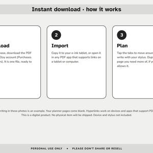 May include: An instructional graphic titled Instant download - how it works, featuring three white rectangular boxes with black borders. Each box contains a numbered black circle, a bold heading, and descriptive text explaining the process of downloading, importing, and planning with a digital PDF file. The bottom text clarifies that the planner pages are blank and for personal use only.