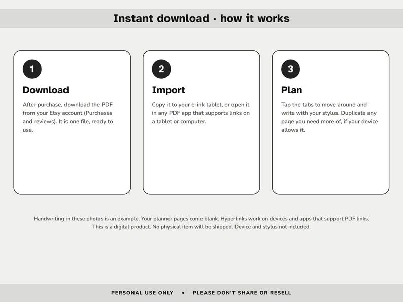 May include: An instructional graphic titled Instant download - how it works, featuring three white rectangular boxes with black borders. Each box contains a numbered black circle, a bold heading, and descriptive text explaining the process of downloading, importing, and planning with a digital PDF file. The bottom text clarifies that the planner pages are blank and for personal use only.