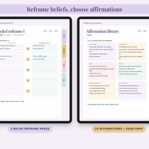 Puede incluir: Dos pantallas de tableta digital que muestran un diario de manifestaci&oacute;n. La pantalla izquierda muestra una p&aacute;gina de reformulaci&oacute;n de creencias con columnas para creencias limitantes y empoderadoras. La pantalla derecha muestra una biblioteca de afirmaciones.