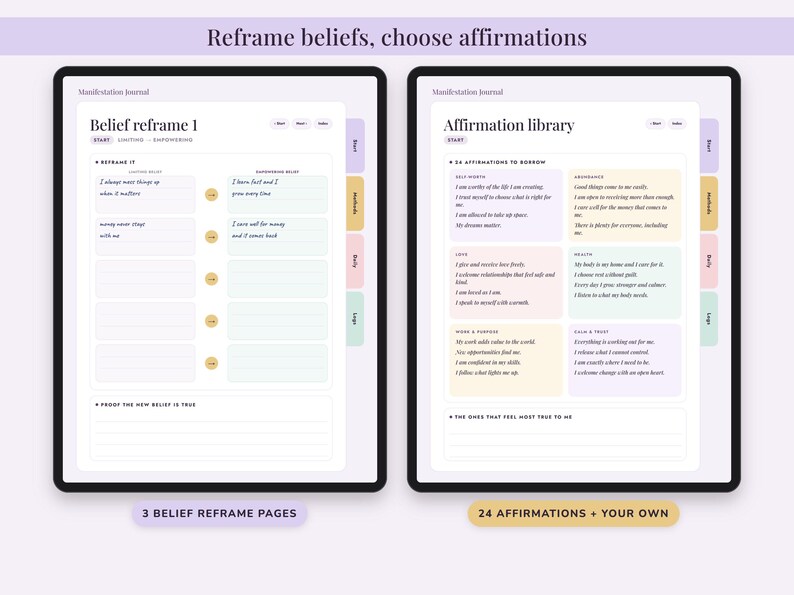 Puede incluir: Dos pantallas de tableta digital que muestran un diario de manifestaci&oacute;n. La pantalla izquierda muestra una p&aacute;gina de reformulaci&oacute;n de creencias con columnas para creencias limitantes y empoderadoras. La pantalla derecha muestra una biblioteca de afirmaciones.