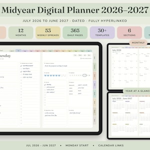 May include: A Midyear Digital Planner 2026-2027 featuring 500+ pages, 12 months, 53 weekly spreads, 365 daily pages, 30+ templates, and 6 sections. The interface includes a daily schedule, to-do lists, water and habit trackers, and monthly and yearly calendar views.