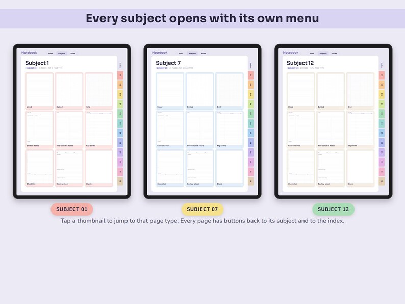 Digital Notebook, 12 Colour Coded Subject Tabs, Hyperlinked Lined, Dotted, Grid and Cornell Pages image 5