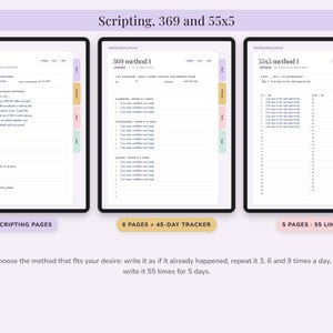 Puede incluir: Tres p&aacute;ginas de diario digital tituladas Scripting 1, 369 method 1 y 55x5 method 1. Cada p&aacute;gina presenta l&iacute;neas estructuradas para escribir afirmaciones, con pesta&ntilde;as laterales en morado, amarillo y rosa. El texto incluye instrucciones de escritura.