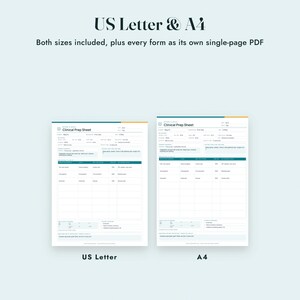 May include: Two digital Clinical Prep Sheet forms displayed side-by-side, labelled US Letter and A4. The documents feature sections for patient data, clinical assessments, and medication tables, with a teal and orange header design on a light background.