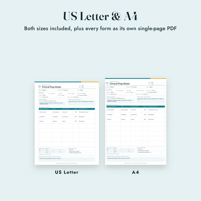 May include: Two digital Clinical Prep Sheet forms displayed side-by-side, labelled US Letter and A4. The documents feature sections for patient data, clinical assessments, and medication tables, with a teal and orange header design on a light background.