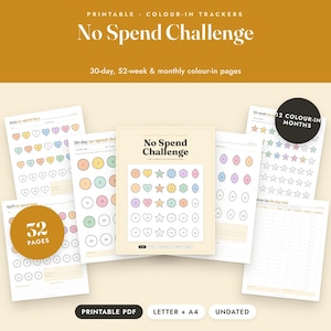 No Spend Challenge Printable, 30 Day, 52 Week, Monthly Color In Tracker, Letter A4 image 1