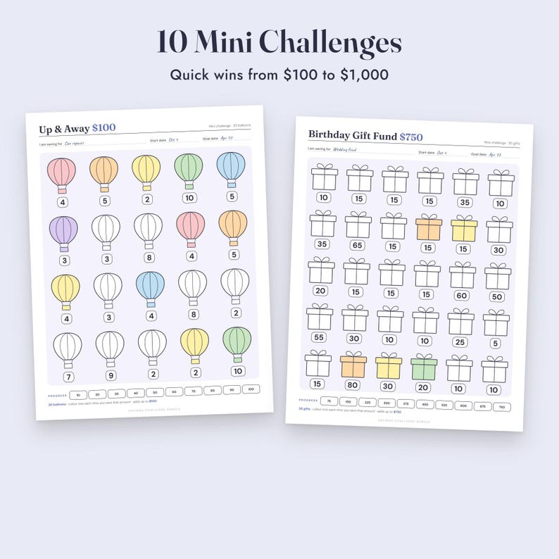 Savings Challenge Printable Bundle, 35 Color In Money Trackers, Mini Challenges, A6 Letter A4 image 5