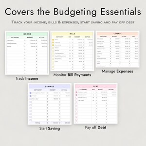 May include: A budgeting planner set featuring five distinct charts labeled Income, Bills, Expense, Savings, and Debt. Each chart includes columns for categories, budget, and actual amounts. The text reads Covers the Budgeting Essentials, Track your income, bills & expenses, start saving and pay off debt, Track Income, Monitor Bill Payments, Manage Expenses, Start Saving, and Pay off Debt.