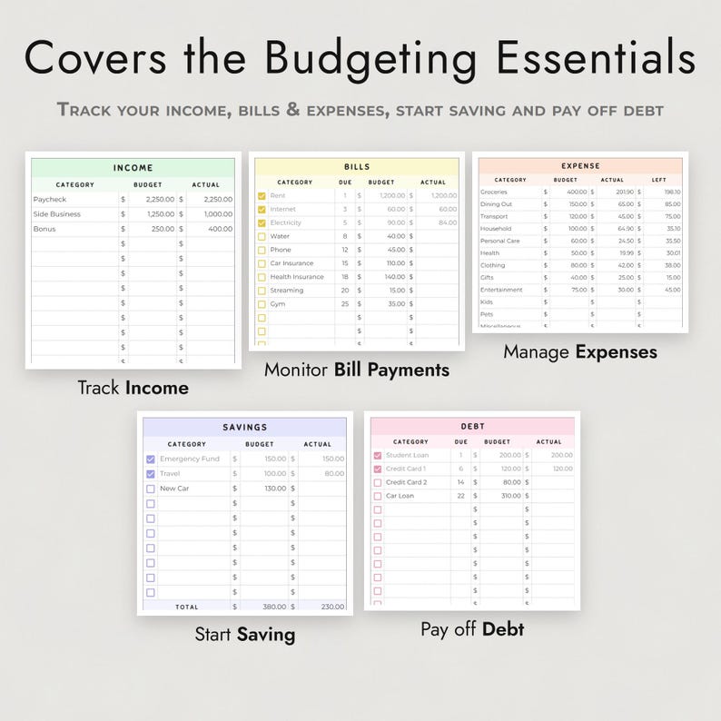 May include: A budgeting planner set featuring five distinct charts labeled Income, Bills, Expense, Savings, and Debt. Each chart includes columns for categories, budget, and actual amounts. The text reads Covers the Budgeting Essentials, Track your income, bills & expenses, start saving and pay off debt, Track Income, Monitor Bill Payments, Manage Expenses, Start Saving, and Pay off Debt.