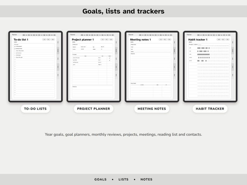 May include: A digital planner interface displaying four distinct templates labeled To-do list 1, Project planner 1, Meeting notes 1, and Habit tracker 1. The layout includes sections for goals, lists, and trackers with text headers and organized columns.