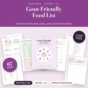 Gout Food List Printable, Low Purine Diet Chart, Grocery List, Flare Log, Letter A4 image 1