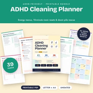 ADHD Cleaning Planner Bundle, Energy Cleaning Menus, 15 Minute Room Resets, Doom Pile Rescue image 1