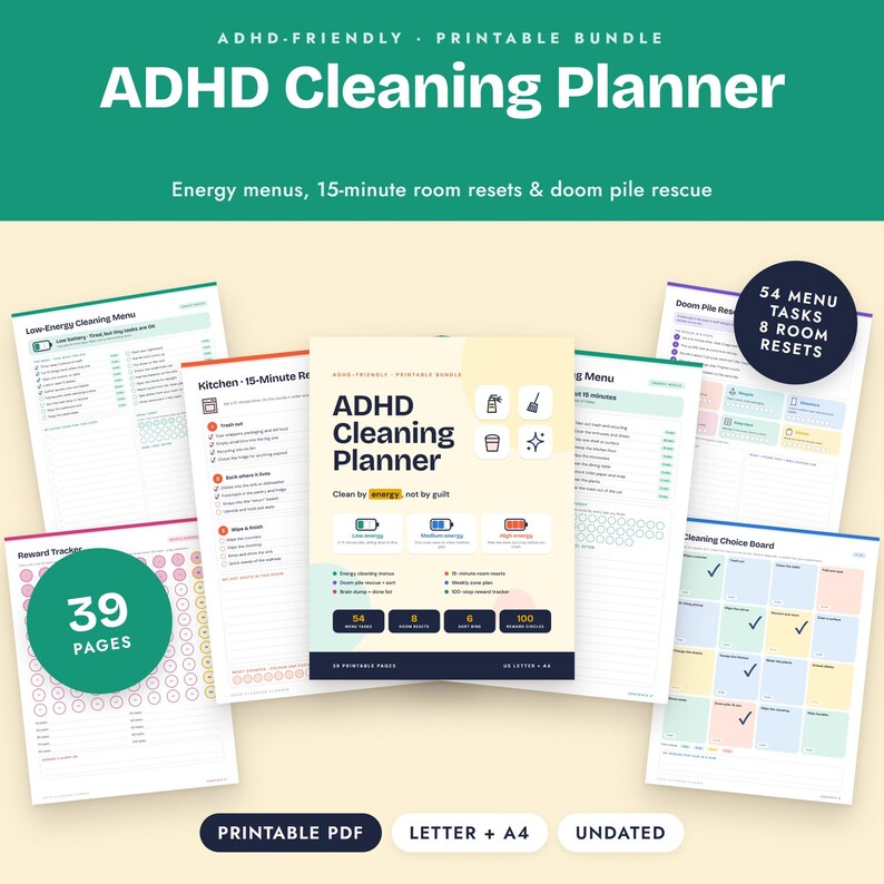 ADHD Cleaning Planner Bundle, Energy Cleaning Menus, 15 Minute Room Resets, Doom Pile Rescue image 1