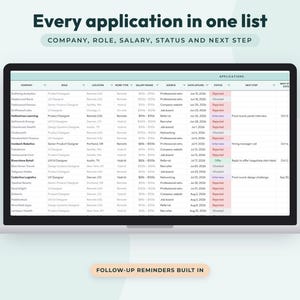 May include: A laptop screen displaying a digital job application tracker spreadsheet. The header reads Every application in one list, Company, Role, Salary, Status and Next Step. The table includes columns for company, role, location, salary, and status.