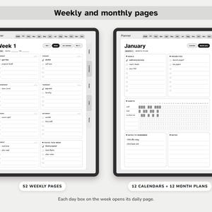 May include: A digital planner interface displaying two layouts: a weekly view labeled Week 1 with daily task lists and a monthly view labeled January featuring goals, priorities, habit trackers, and notes sections with navigation tabs on the side.