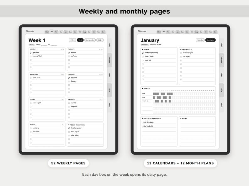 May include: A digital planner interface displaying two layouts: a weekly view labeled Week 1 with daily task lists and a monthly view labeled January featuring goals, priorities, habit trackers, and notes sections with navigation tabs on the side.