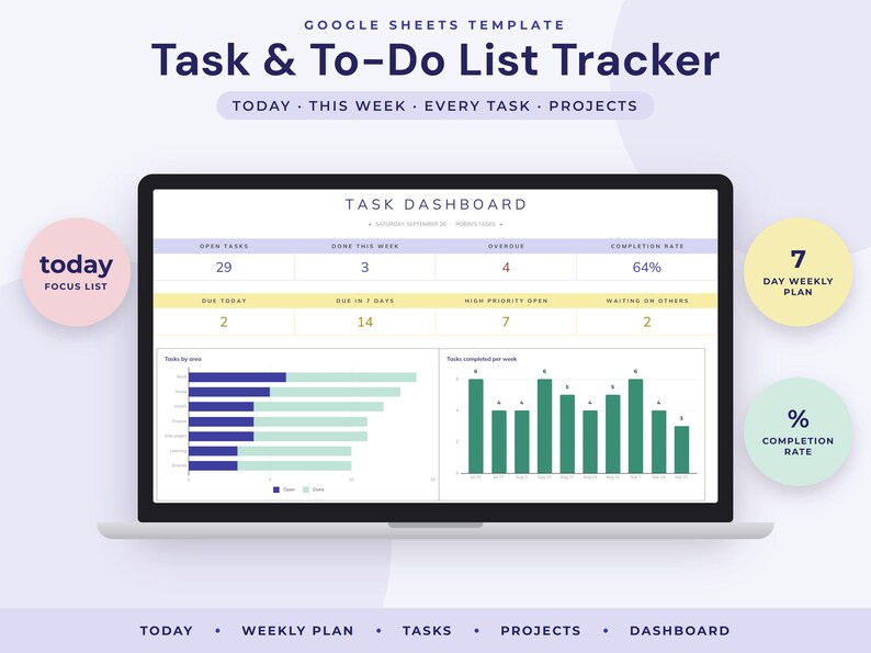 To Do List Google Sheets, Task Tracker Spreadsheet, Daily and Weekly Planner, Project Progress image 1