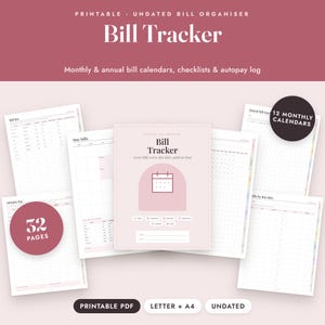 Bill Tracker Printable, Monthly Payment Calendar, Annual Checklist, Autopay Log, Due Dates, Letter A4 image 1