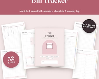 May include: A printable bill tracker organizer set featuring 32 pages of monthly and annual bill calendars, checklists, and an autopay log. The documents include text such as Bill Tracker, May bills, and 12 Monthly Calendars in a pink and white color scheme.
