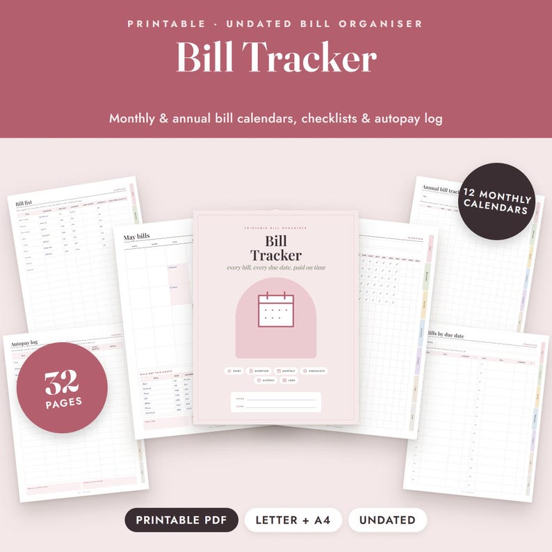 Bill Tracker Printable, Monthly Payment Calendar, Annual Checklist, Autopay Log, Due Dates, Letter A4 image 1