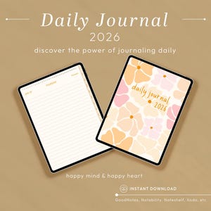 Könnte beinhalten: Zwei digitale Journale mit schwarzen Rändern werden vor einem beigefarbenen Hintergrund angezeigt. Der Text "Daily Journal 2026" steht oben. Ein Journal ist geöffnet und zeigt linierte Seiten. Das andere Journal hat ein Blumenmuster und die Worte "daily journal 2026".