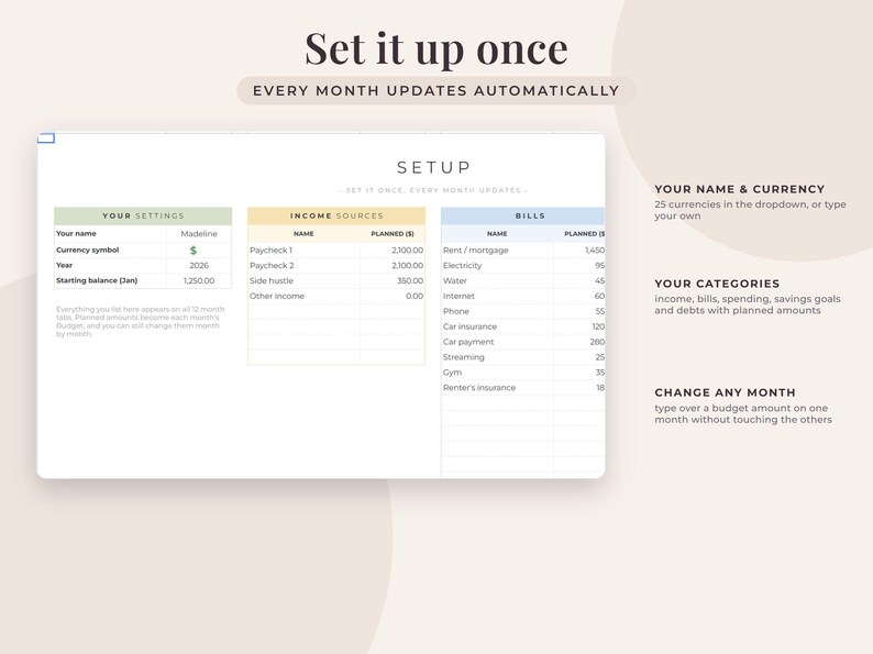 Simple Budget Spreadsheet for Google Sheets, Monthly Paycheck Planner, Biweekly Weekly Expense Tracker Template image 6