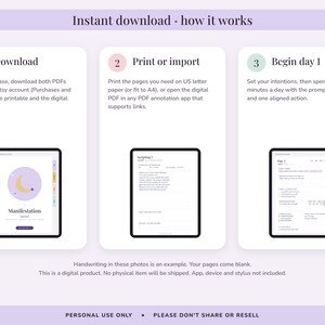 Puede incluir: Un gr&aacute;fico instructivo titulado Instant download - how it works, que muestra tres pasos: 1. Download, 2. Print or import y 3. Begin day 1. Cada paso incluye una pantalla de tableta que muestra una p&aacute;gina de diario digital con un icono de luna.