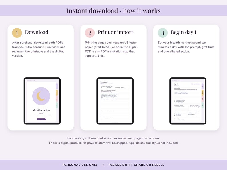 Puede incluir: Un gr&aacute;fico instructivo titulado Instant download - how it works, que muestra tres pasos: 1. Download, 2. Print or import y 3. Begin day 1. Cada paso incluye una pantalla de tableta que muestra una p&aacute;gina de diario digital con un icono de luna.