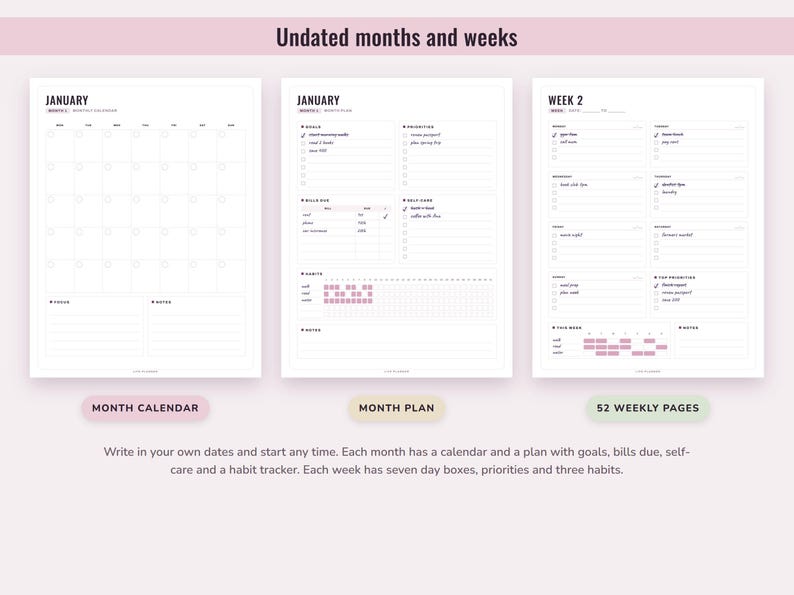 Printable Life Planner, Undated US Letter and Digital PDF, Goals, Budget, Health, Home Pages image 3