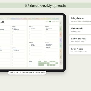 May include: A digital planner displayed on a tablet screen showing 53 dated weekly spreads. The interface features seven day boxes, a top tasks section, and a habit tracker with green grid squares. Tabs for navigation are visible along the right side.