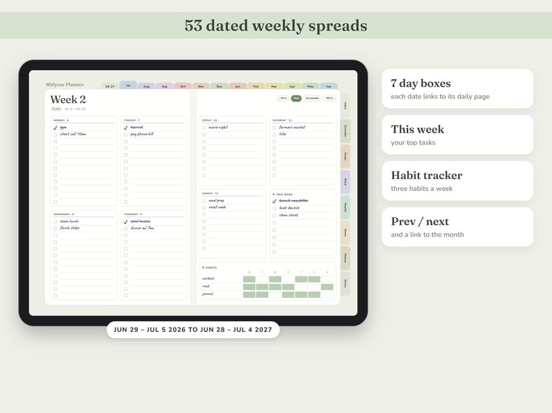 May include: A digital planner displayed on a tablet screen showing 53 dated weekly spreads. The interface features seven day boxes, a top tasks section, and a habit tracker with green grid squares. Tabs for navigation are visible along the right side.