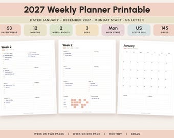 Peut inclure: Un ensemble de planificateur hebdomadaire imprimable 2027 comprenant 53 semaines datées, 12 mois et 145 pages au format lettre US. La mise en page inclut des semaines sur deux pages, une page, des calendriers mensuels et des objectifs.
