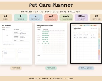 May include: A Pet Care Planner set featuring 44 pages, 2 versions, 4 pet profiles, vet and vaccine logs, walk and training logs, and a sitter info sheet in US letter size. Includes printable pet profile and daily care checklist pages.