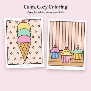Livro de colorir simples e divertido: Doces Deliciosos, 40 páginas para imprimir, PDF com desenhos simples de comida para colorir imagem 7