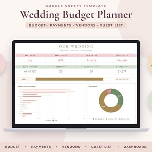 May include: A Google Sheets template for a wedding budget planner displayed on a laptop screen. The interface includes sections for budget, payments, vendors, and guest lists, featuring data tables, a horizontal budget bar, a bar chart, and a pie chart.