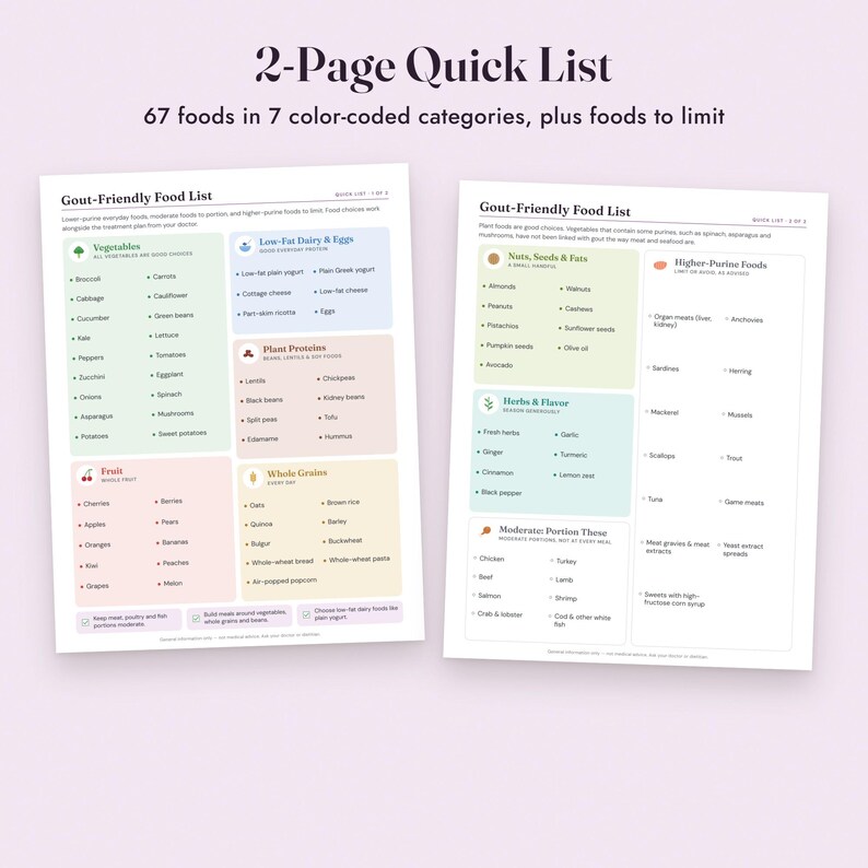 Gout Food List Printable, Low Purine Diet Chart, Grocery List, Flare Log, Letter A4 image 4